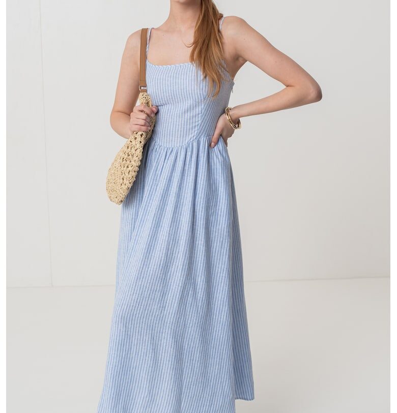 Разкроена дълга рокля с лен с тънки регулиращи се презрамки - Бял/Пастелносин GAP