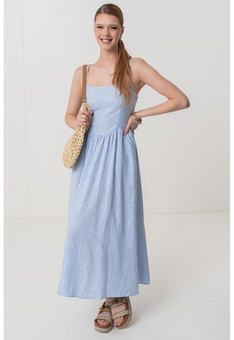 Разкроена дълга рокля с лен с тънки регулиращи се презрамки - Бял/Пастелносин GAP