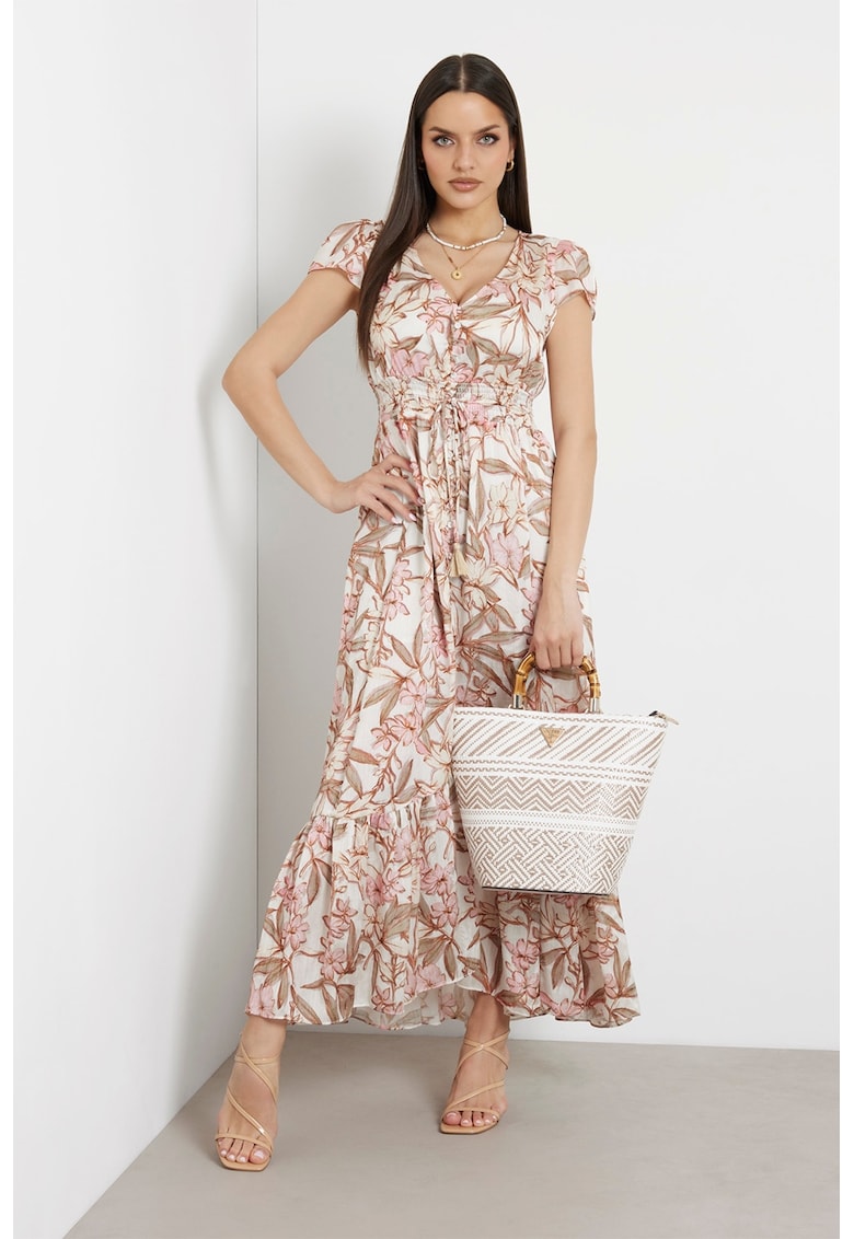 Разкроена дълга рокля с преден шлиц - Светло кафяво/Розово/Крем GUESS