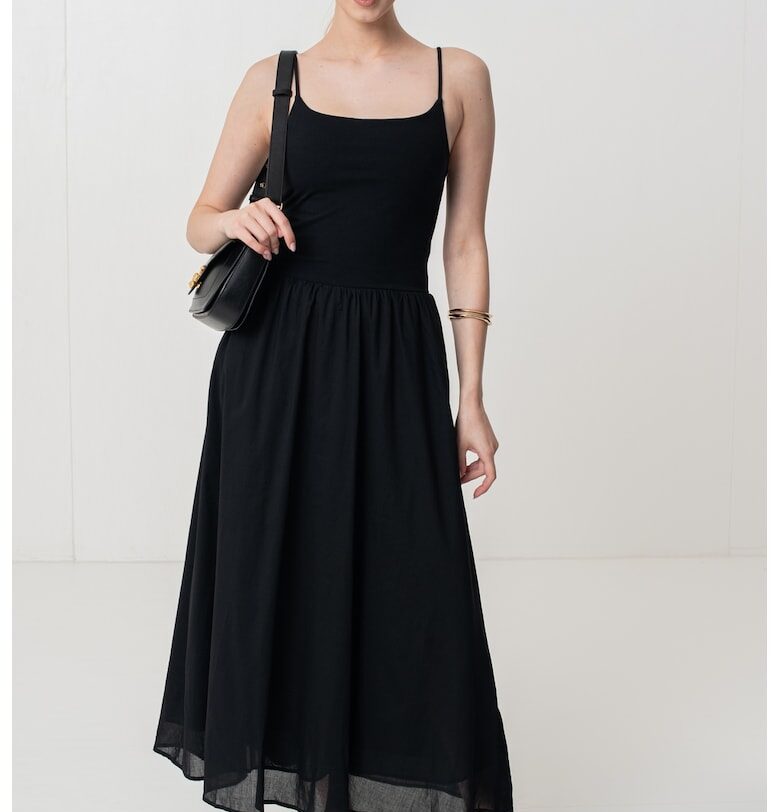 Разкроена дълга рокля с тънки регулиращи се презрамки - Черен GAP