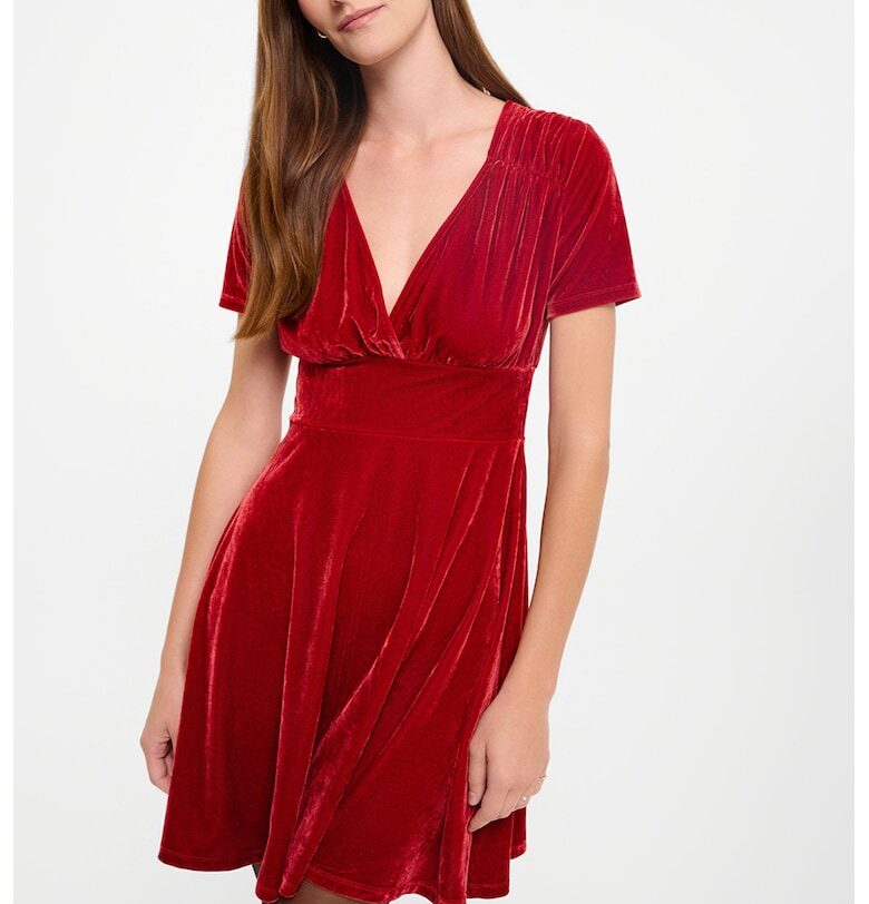 Разкроена къса рокля с кадифен ефект - Червен GreenPoint