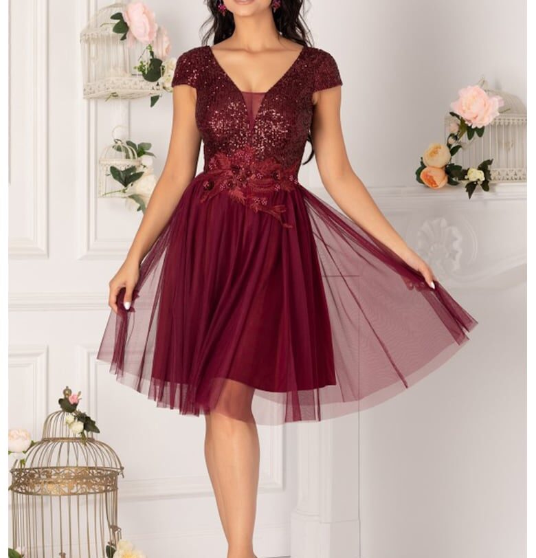 Разкроена къса рокля с пайети - Бордо BAROCCA