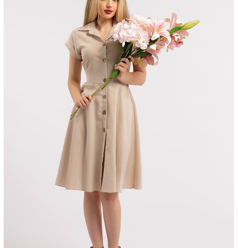 Разкроена ленена рокля-риза - Бежов CAMISSI