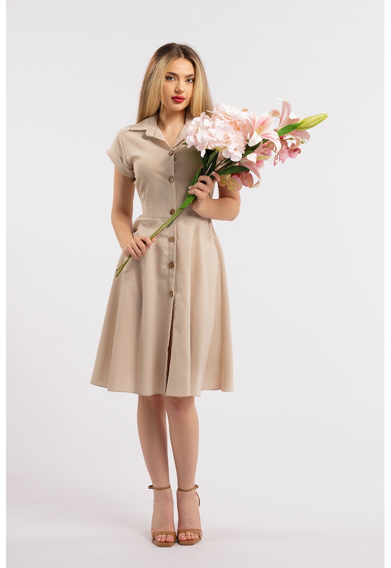 Разкроена ленена рокля-риза - Бежов CAMISSI