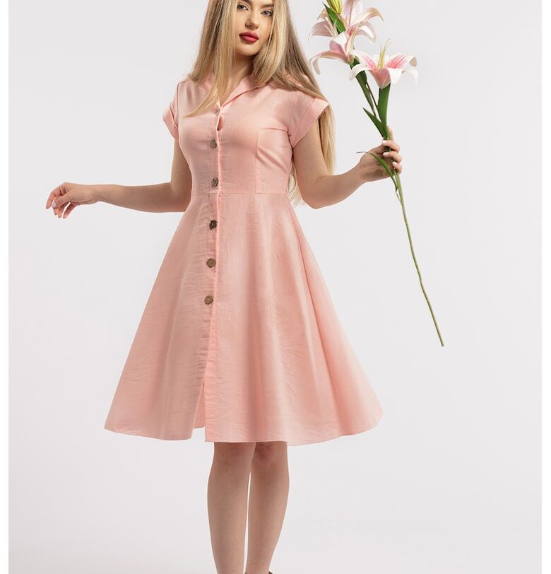 Разкроена ленена рокля-риза - Бледо розово CAMISSI