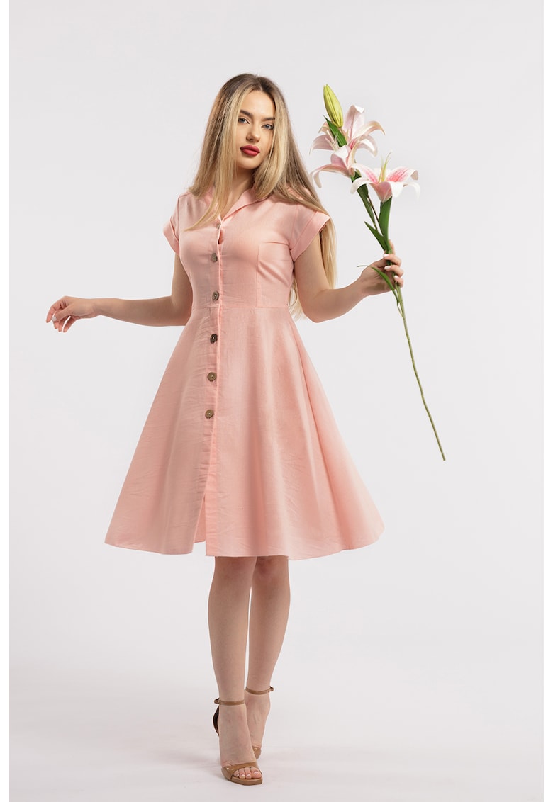 Разкроена ленена рокля-риза - Бледо розово CAMISSI