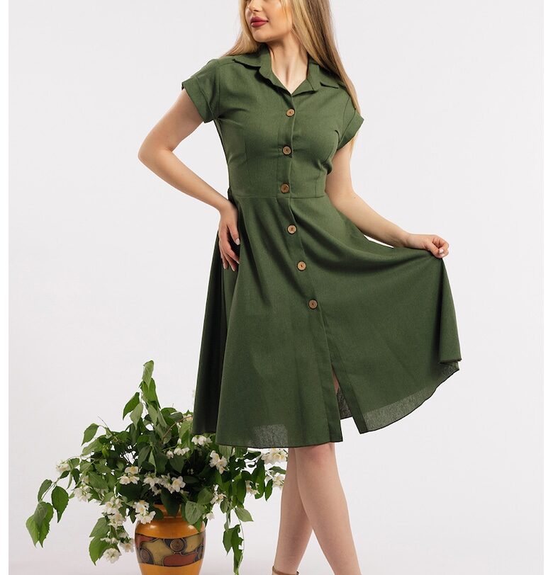 Разкроена ленена рокля-риза - Каки CAMISSI