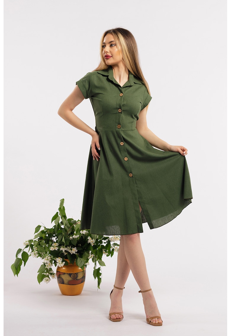 Разкроена ленена рокля-риза - Каки CAMISSI