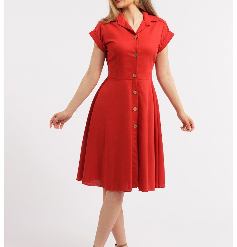 Разкроена ленена рокля-риза - Червен CAMISSI