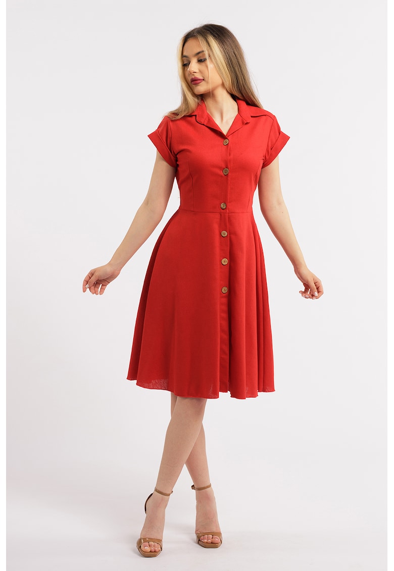 Разкроена ленена рокля-риза - Червен CAMISSI