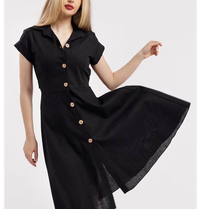 Разкроена ленена рокля-риза - Черен CAMISSI