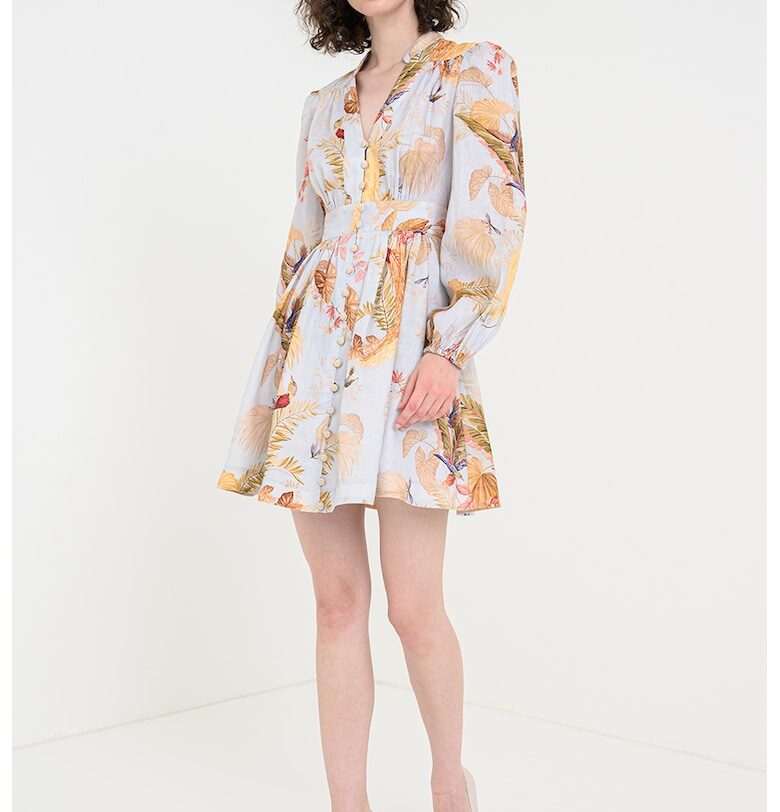 Разкроена ленена рокля с шпиц - Пастелносин/Корал/Светлозелен ZIMMERMANN