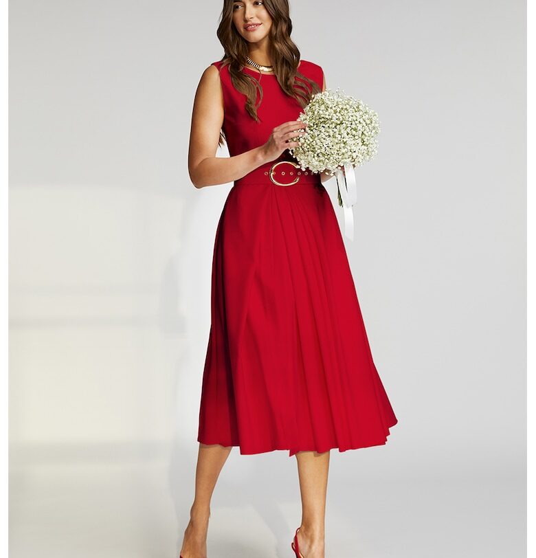 Разкроена миди рокля Vienna с колан - Тъмночервен Alina Cernatescu