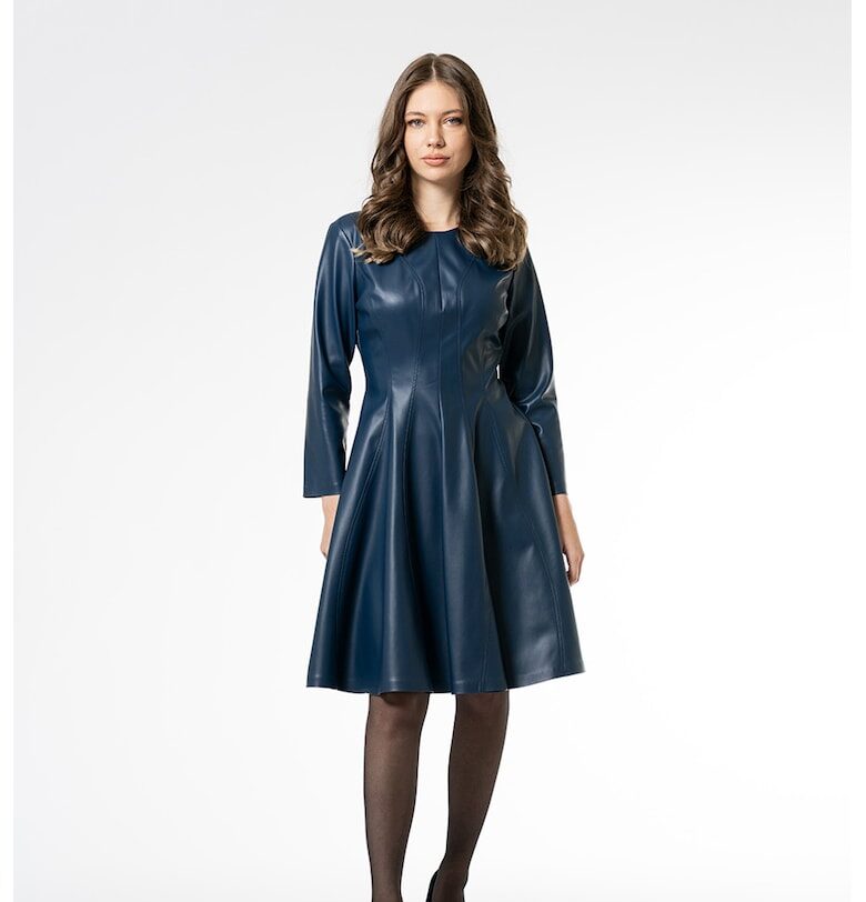 Разкроена миди рокля от еко коцжа с 3/4 ръкави - Тъмносин Hermosa