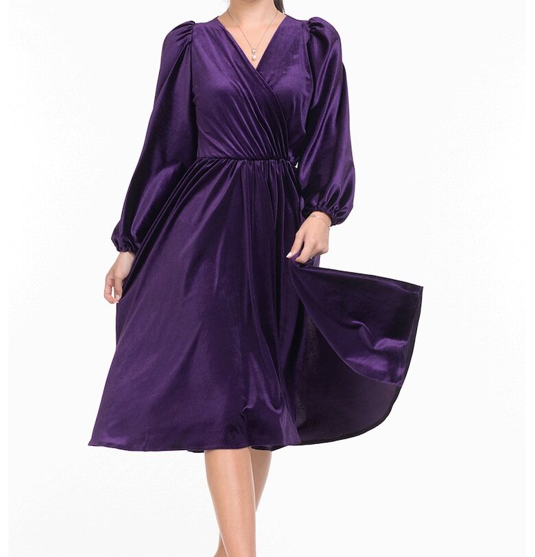 Разкроена миди рокля от кадифе - Тъмно лилаво CAMISSI
