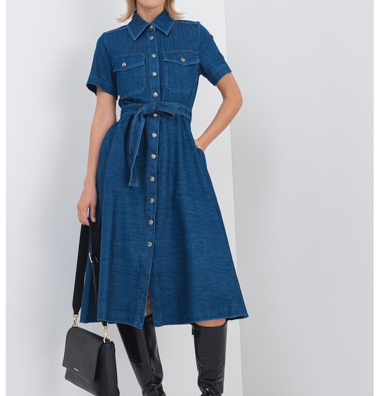 Разкроена миди рокля-риза с вратовръзка - Тъмносин Marella