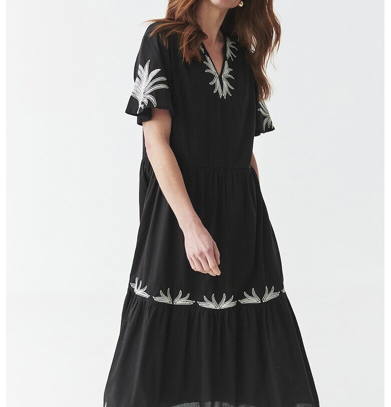 Разкроена миди рокля с бродерии - Бял/Черен Tatuum