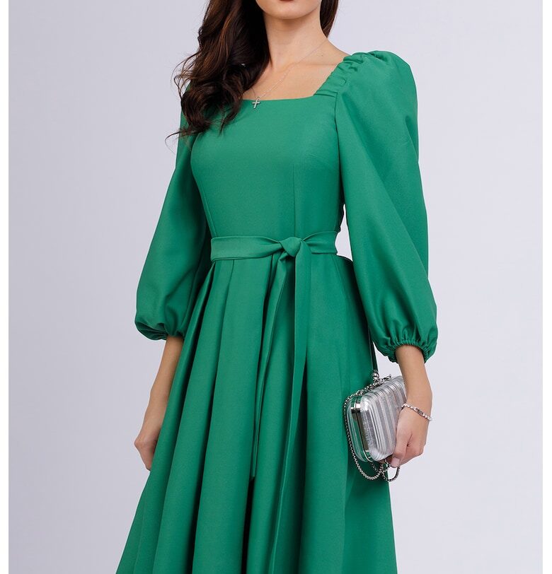 Разкроена миди рокля с бухнали ръкави - Аква зелено CAMISSI