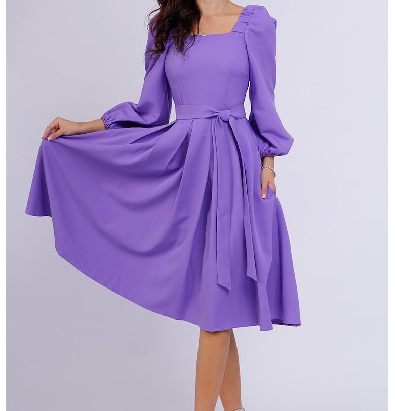 Разкроена миди рокля с бухнали ръкави - Лилав CAMISSI