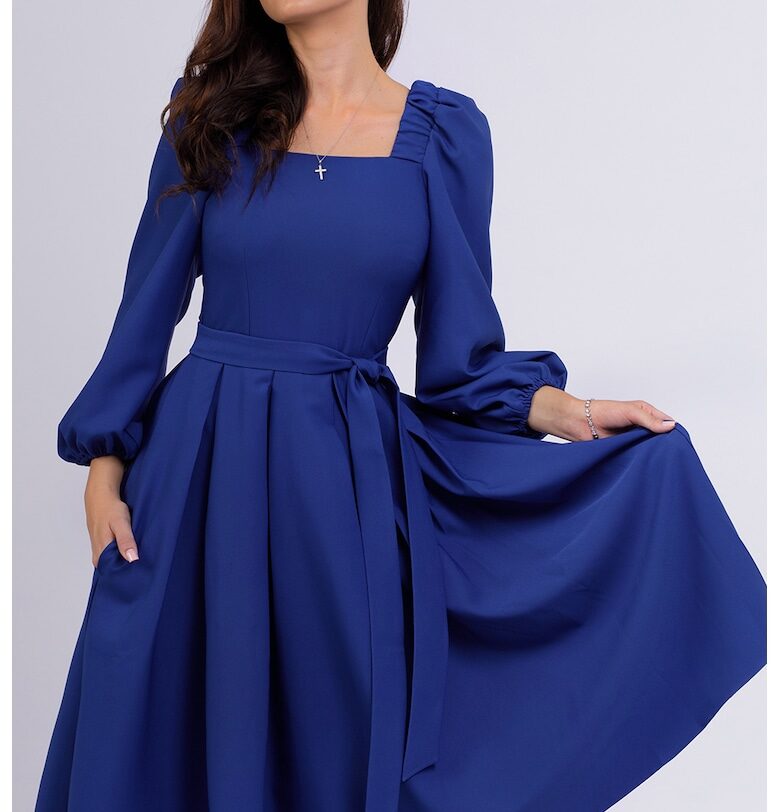 Разкроена миди рокля с бухнали ръкави - Тъмносин CAMISSI