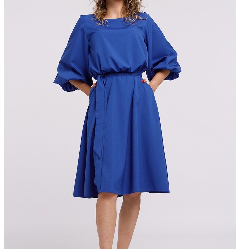 Разкроена миди рокля с връзка - Кралско Синьо CAMISSI