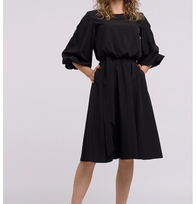 Разкроена миди рокля с връзка - Черен CAMISSI