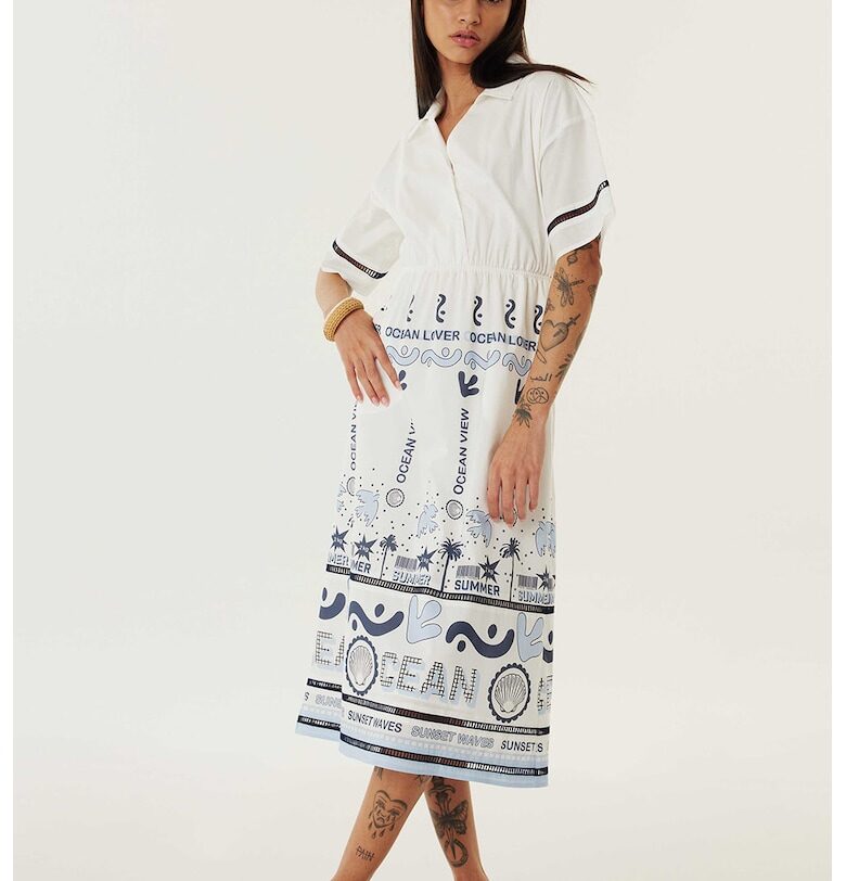 Разкроена миди рокля с гол гръб - Бял/Син TWIST