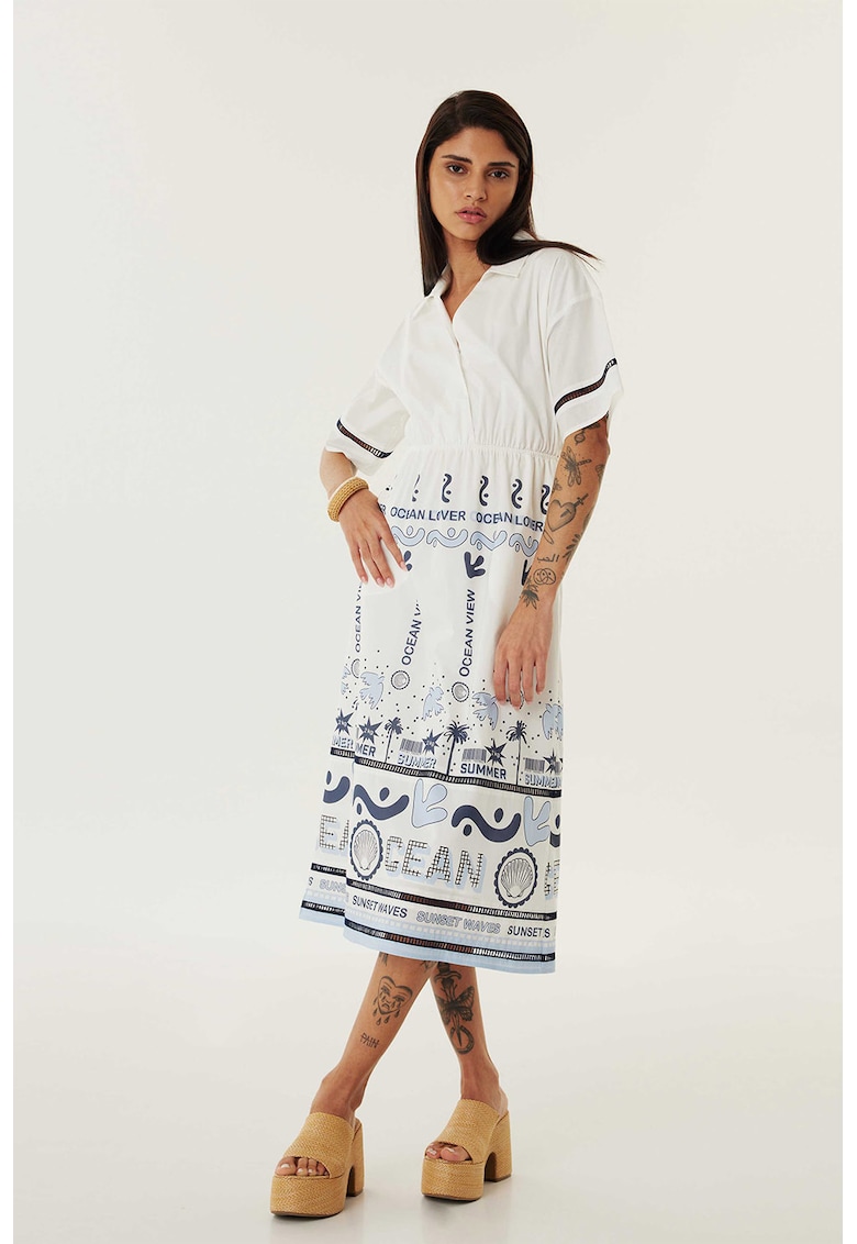 Разкроена миди рокля с гол гръб - Бял/Син TWIST