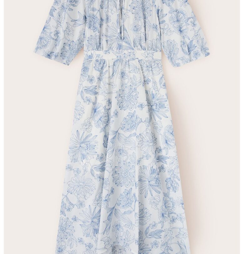 Разкроена миди рокля с десен - Бял/Пастелносин Motivi