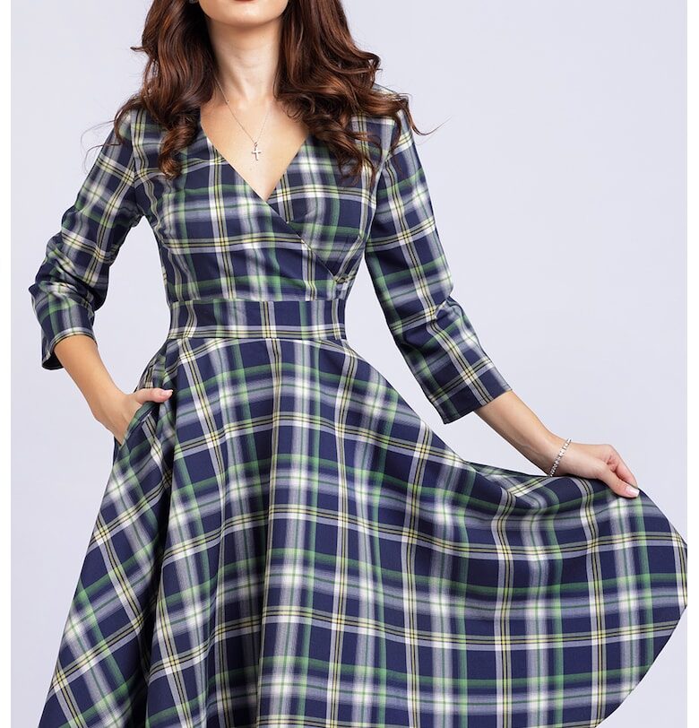 Разкроена миди рокля с джобове - Зелен/Жълт/Тъмносин CAMISSI