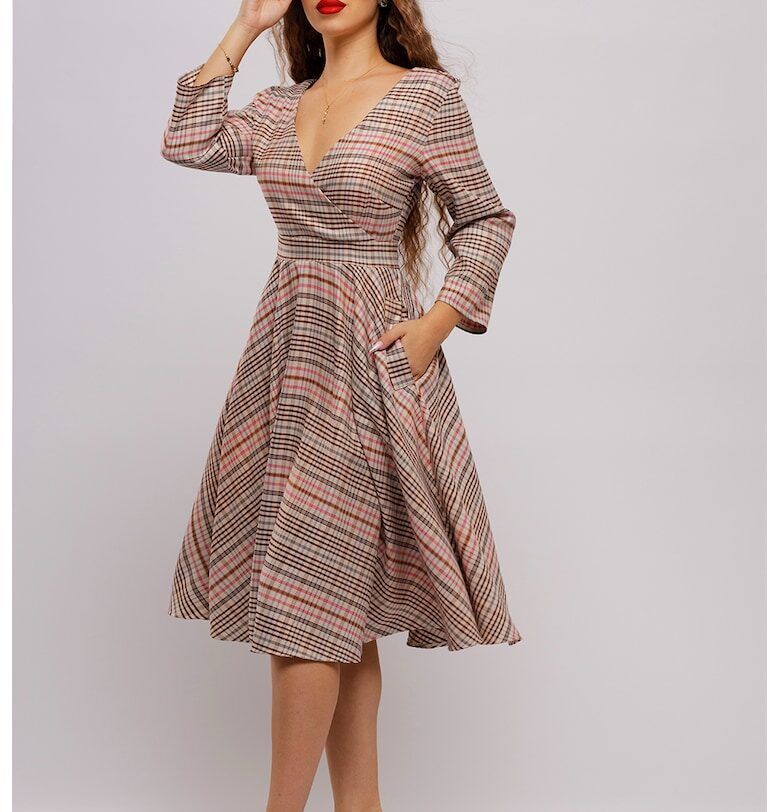 Разкроена миди рокля с джобове - Кафяв/Бежов/Розово CAMISSI