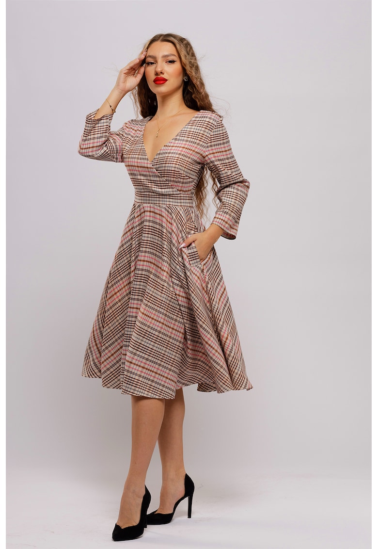 Разкроена миди рокля с джобове - Кафяв/Бежов/Розово CAMISSI