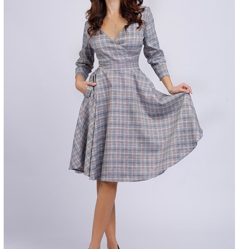 Разкроена миди рокля с джобове - Светло сив/Бледооранжев/Мръснобял CAMISSI