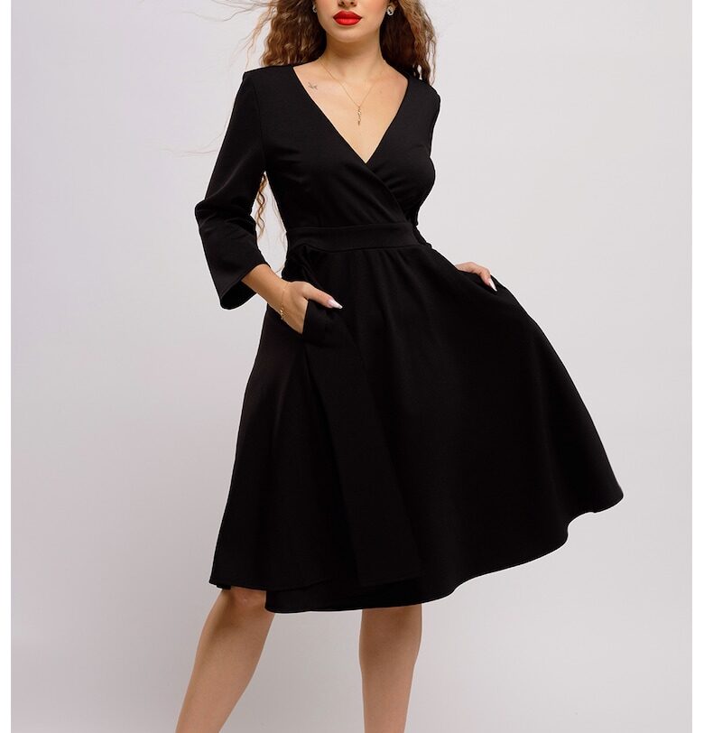 Разкроена миди рокля с джобове - Черен CAMISSI