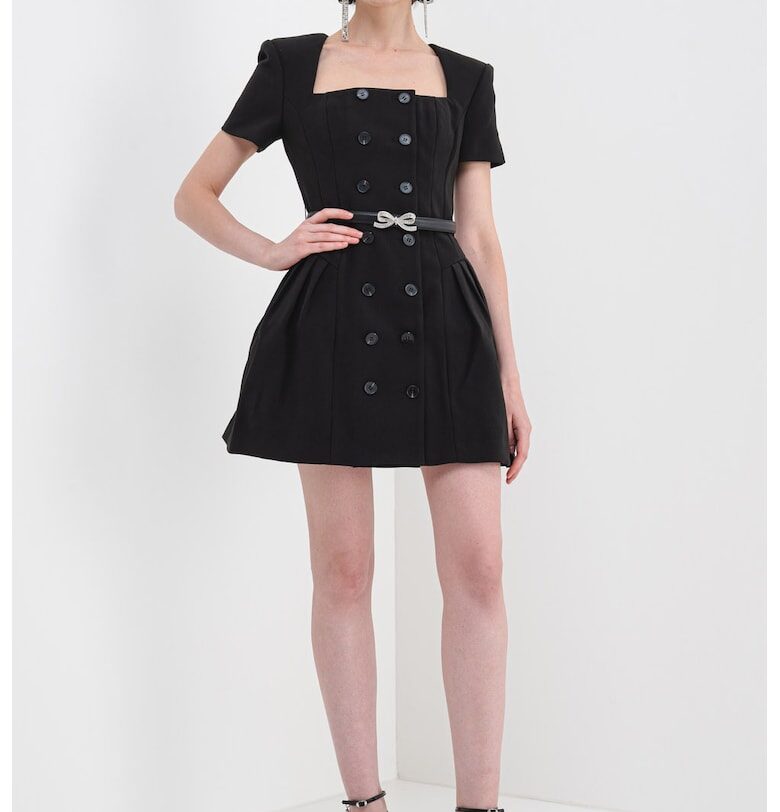 Разкроена миди рокля с квадратно деколте - Черен SELF-PORTRAIT