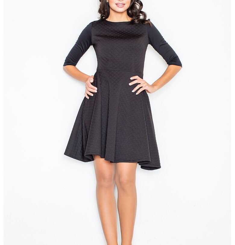 Разкроена миди рокля  черна - 3/4 ръкави - 95% полиестер - 5% еластан Figl