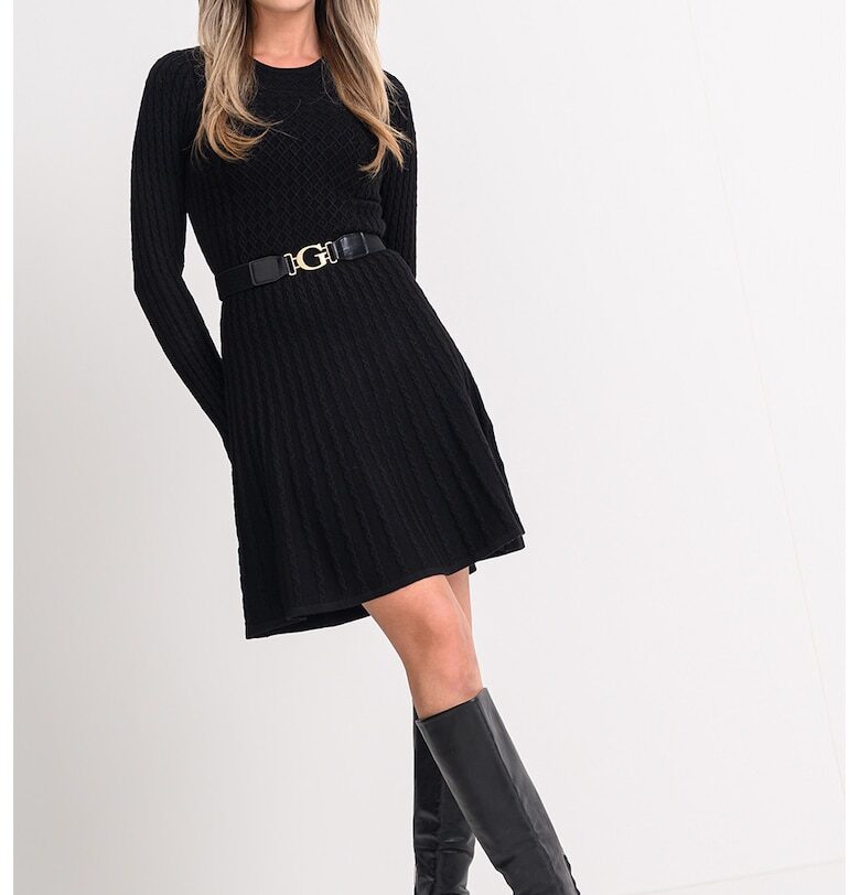 Разкроена плетена рокля с колан - Черен GUESS