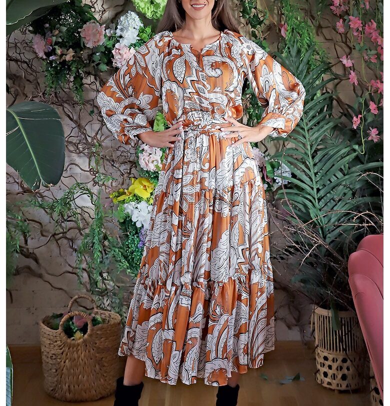 Разкроена рокля Chieti - Бял/Канелено кафяво MIAU by Clara Rotescu