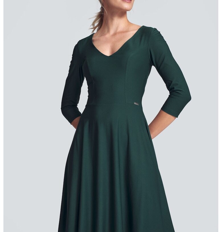 Разкроена рокля  M709 - зелена - V-образно деколте - 3/4 ръкави - вискоза Figl