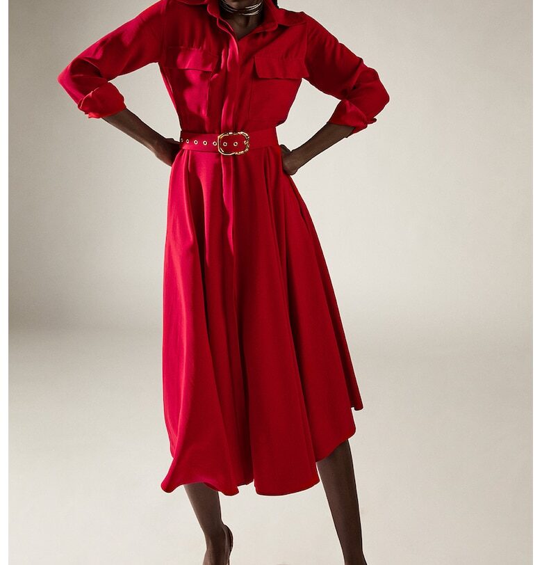 Разкроена рокля Patty тип риза с колан - Аленочервен Alina Cernatescu