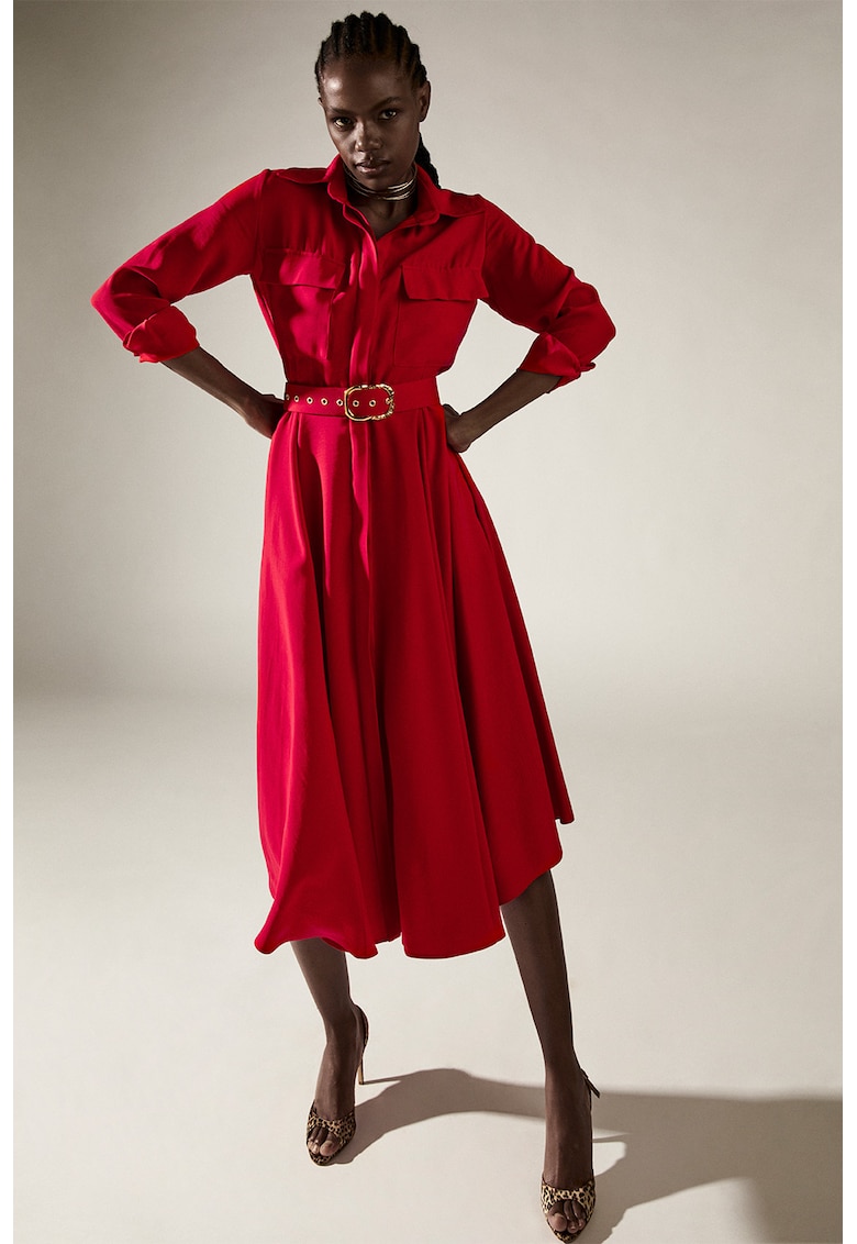 Разкроена рокля Patty тип риза с колан - Аленочервен Alina Cernatescu