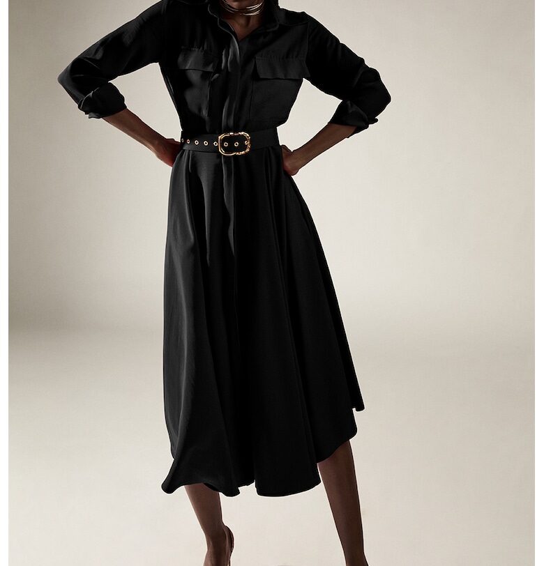 Разкроена рокля Patty тип риза с колан - Златист/Черен Alina Cernatescu