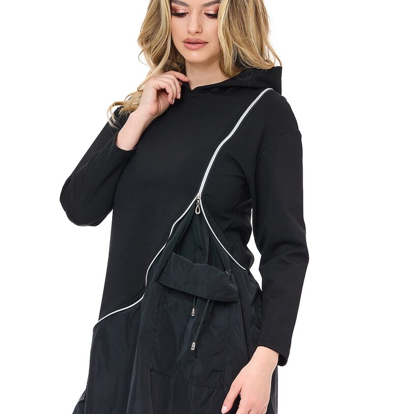 Разкроена рокля Tina с качулка - Черен BAROCCA