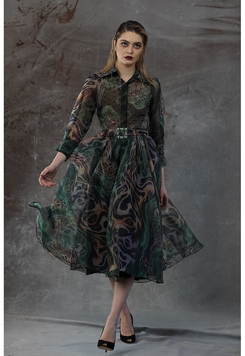 Разкроена рокля Xela с щампа - Зелен/Кафяв MIAU by Clara Rotescu