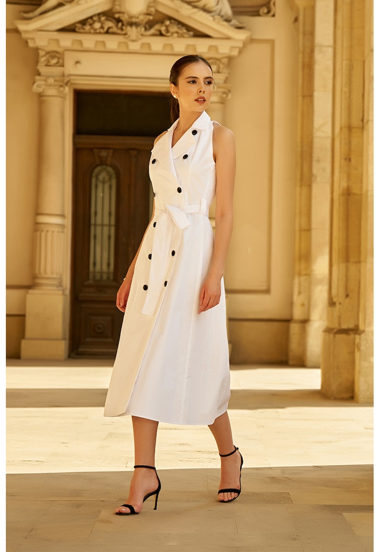 Разкроена рокля без ръкави - с двуредно закопчаване - Бял AVENUE No29