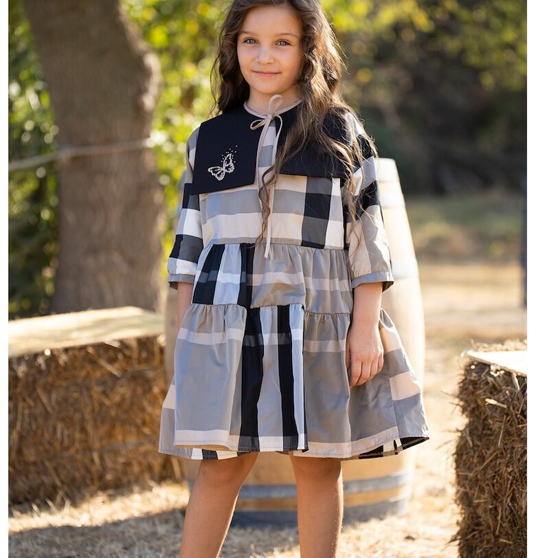 Разкроена рокля на каре - Черен/Светло сив/Бежов EMMA concept wear