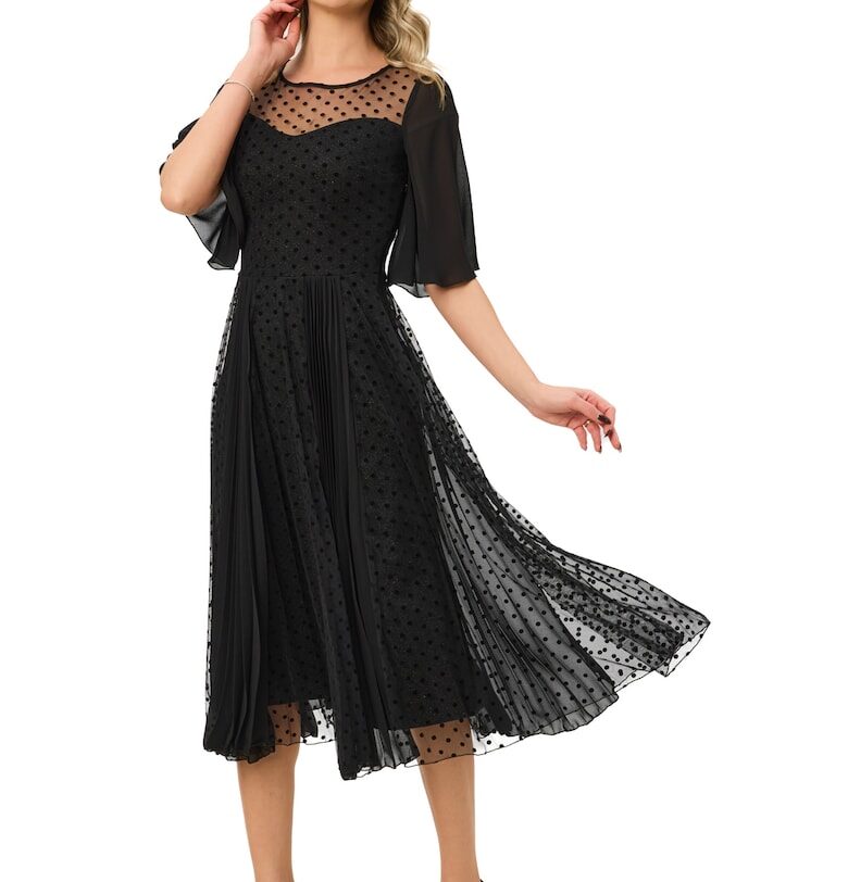 Разкроена рокля на точки - Черен BAROCCA