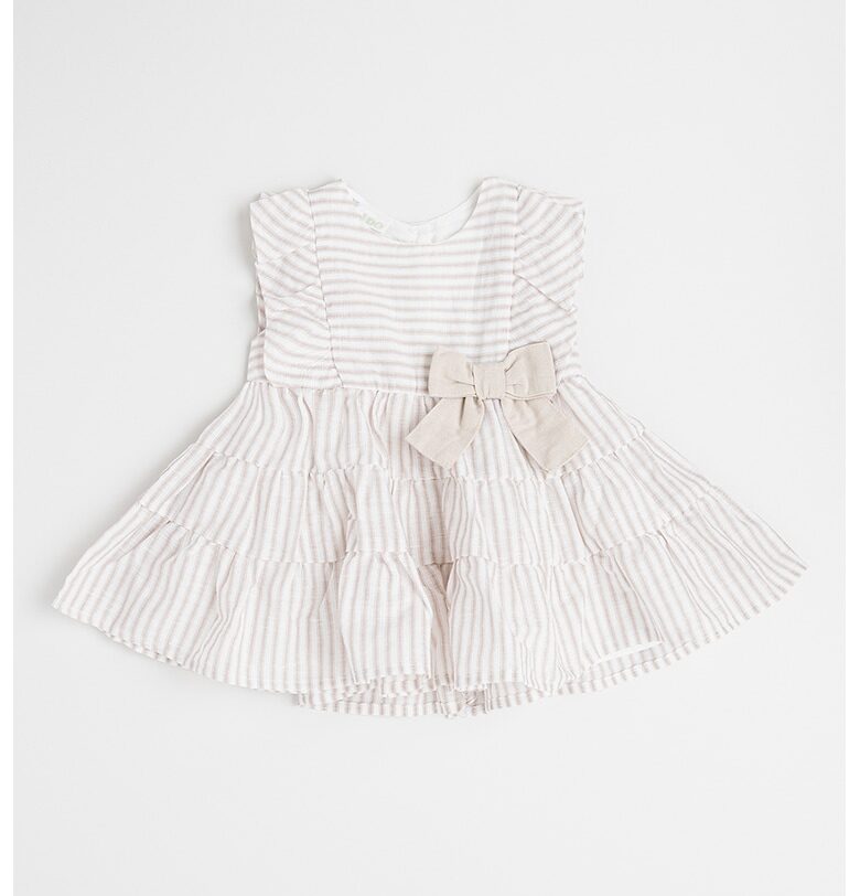 Разкроена рокля от лен и памук с панделка - Мръснобял/Светло бежово IDO