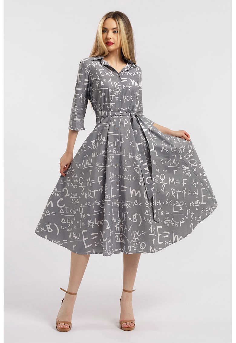 Разкроена рокля-риза с колан - Бял/Tъмносив CAMISSI