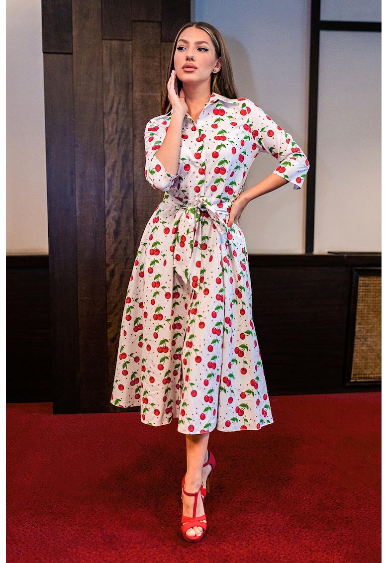 Разкроена рокля-риза с колан - Бял/Аленочервен CAMISSI